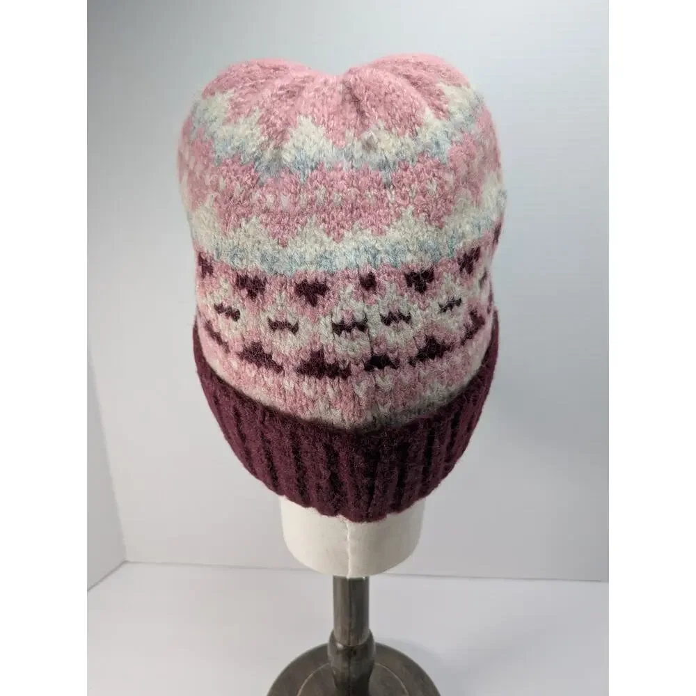 Vince Camuto Knit Brushed Fair Isle Beanie Color Wine‎ Winter Cold Weather Hat